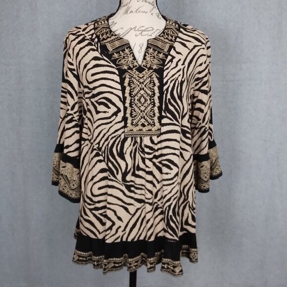 Caleaaa | Embroidered Zebra Print Tunic Blouse Top Black Tan | Size M - Picture 2 of 9